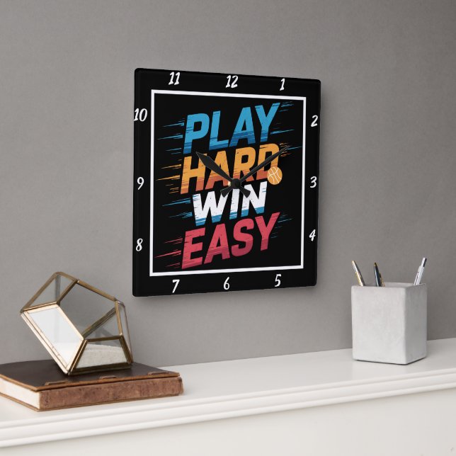 Horloge Carrée Play Hard Win Easy Basketball (Bureau)