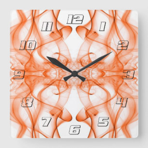 Horloge Carrée Plumes d'orange fumée sur blanc