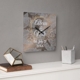 Horloge Carrée Plumes Rose Blush Floral Wreath Mariage Personnali