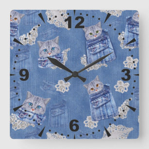 Horloge Carrée Poches de jeans, chatons et dentelle