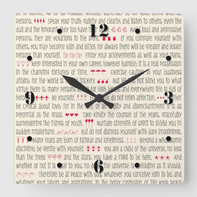 Horloge Carrée Poème Inspirateur Desiderata (Recto)