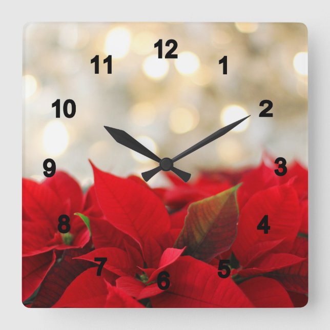 Horloge Carrée Poinsettias rouges avec feux dorés (Recto)
