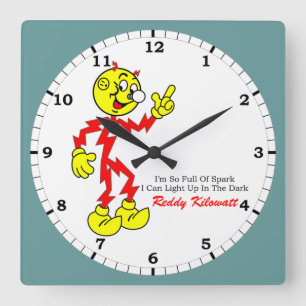 Horloge Carrée Pointing Reddy Kilowatt, plein d'étincelle
