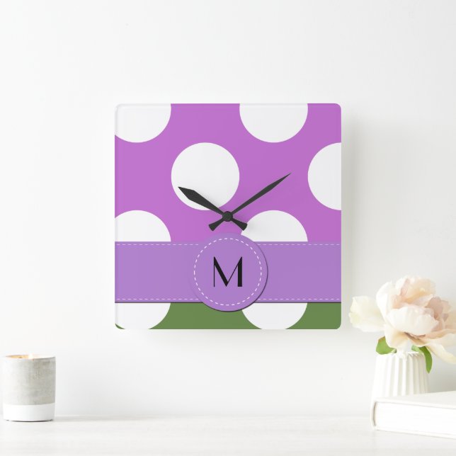 Horloge Carrée Pois verts, Pois pourpres, Monogramme (Maison)