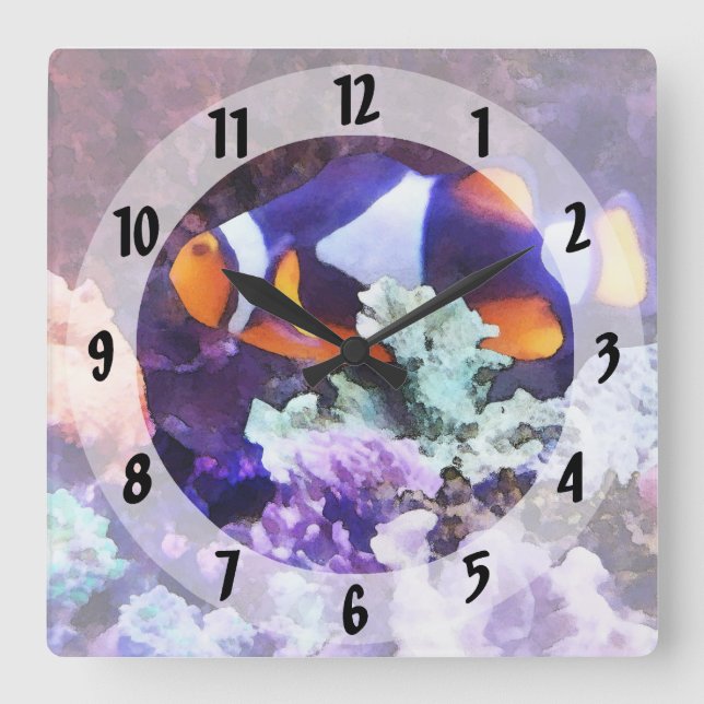 Horloge Carrée Poisson clown et corail (Recto)