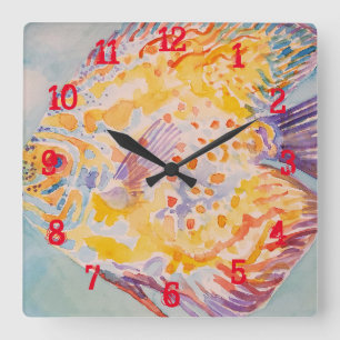 Horloge Carrée Poisson coloré Aquarelle Enfants Garçons Pépinière