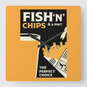 Horloge Carrée Poisson Et Chips Anglais