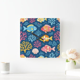 Horloge Carrée Poisson et corail bleu nautique