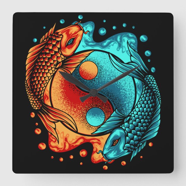 Horloge Carrée Poisson japonais Yin Yang Koi (Recto)