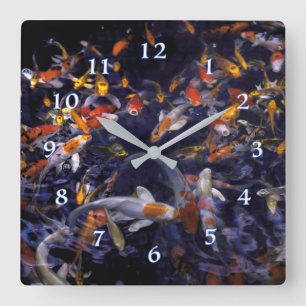 HORLOGE CARRÉE POISSON KOI EN FLEURS