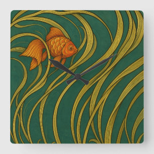Horloge Carrée Poisson rouge Art Nouveau