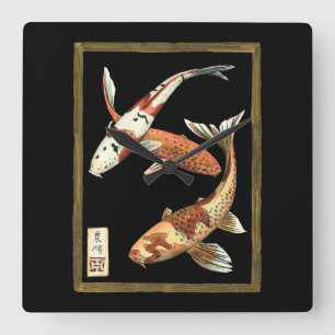 Horloge Carrée Poisson rouge de Koi de deux Japonais sur