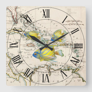 Horloge Carrée Poissons jaunes et bleus ~ Antilles ~ Mer des Cara