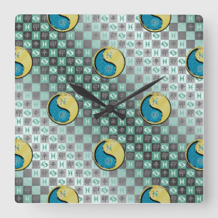 Horloge Carrée Poissons & Lapin Métal