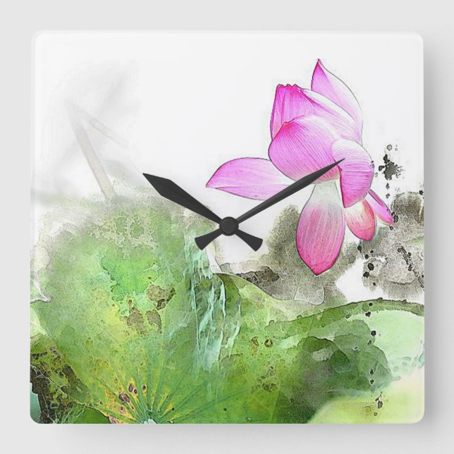 Horloge Carrée POND LOTUS l Peinture à pinceau chinoise (Recto)