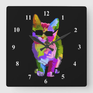 Horloge Carrée Pop art cool cat with sung