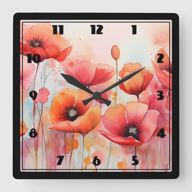 Horloge Carrée Poppies rouges dans une aquarelle de champ (Recto)