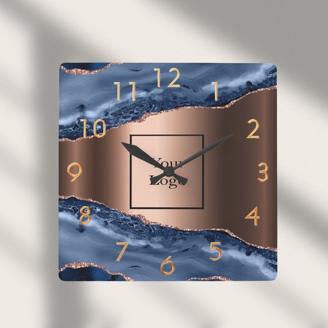 Horloge Carrée Porte bleu marbre rose or logo d'entreprise (Créateur téléchargé)