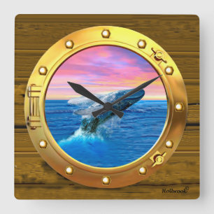 Horloge Carrée Porthole View of a Breaching Whale