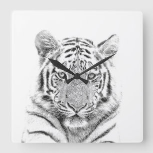 Horloge Carrée Portrait animal de tigre noir et blanc