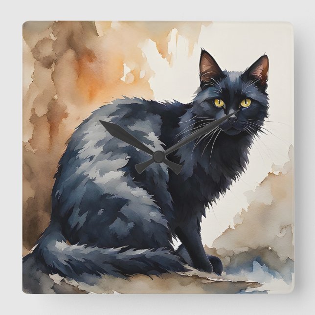 Horloge Carrée Portrait d'aquarelle de poitrine de chat noir (Recto)
