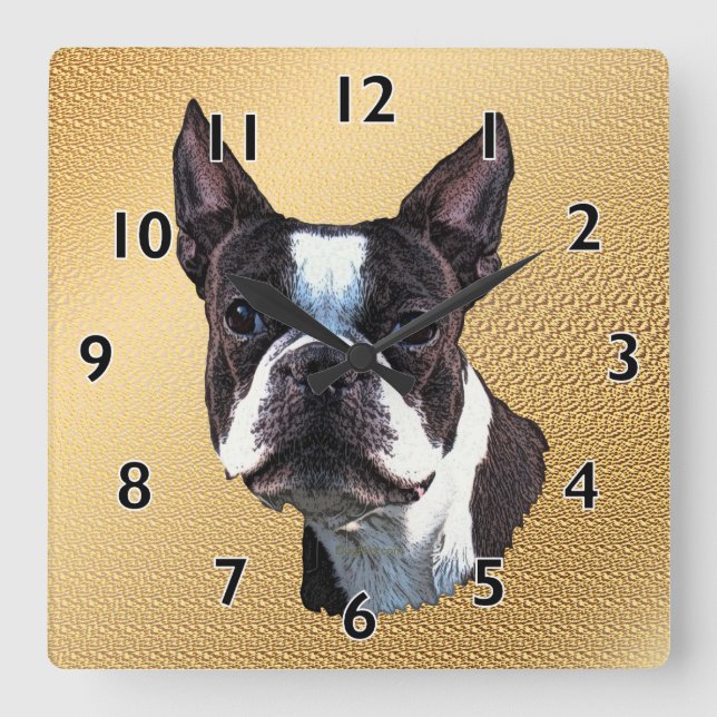 Horloge Carrée Portrait de Boston Terrier (Recto)