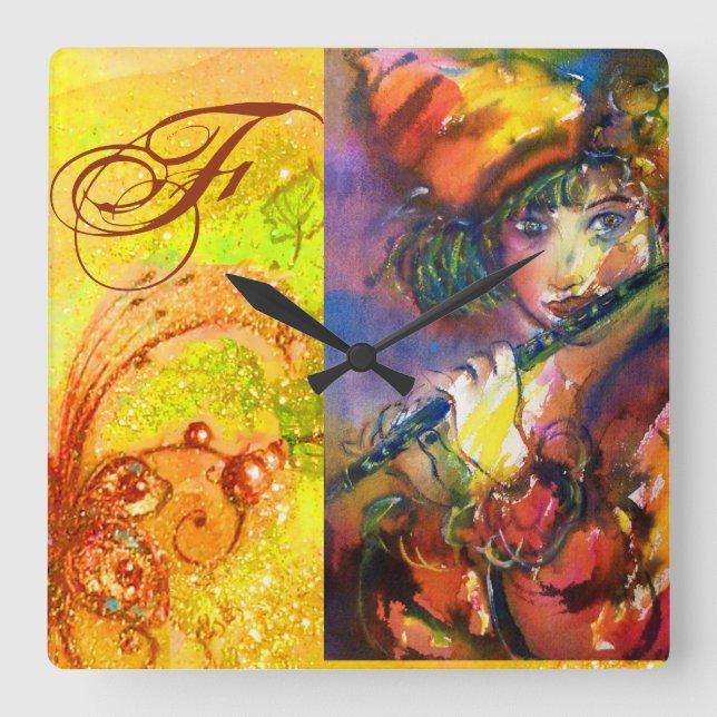 Horloge Carrée PORTRAIT FLUTISTE / Monogramme mascarade vénitienn (Recto)