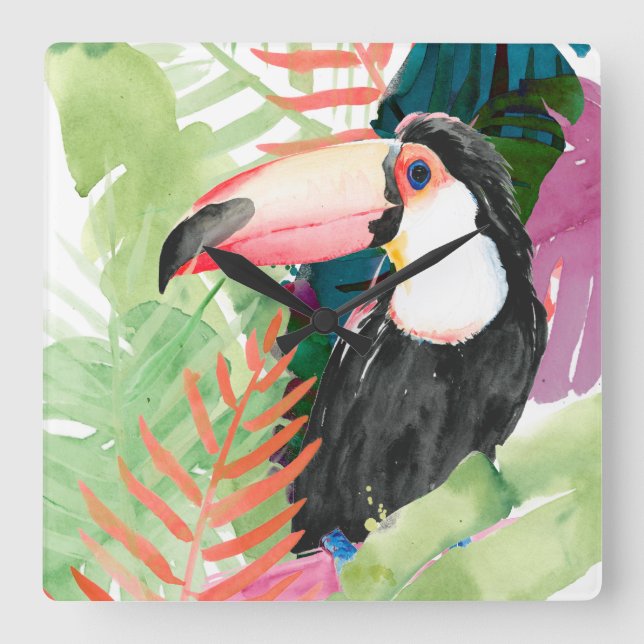 Horloge Carrée Portrait toucan avec Feuilles tropicaux (Recto)