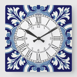 Horloge Carrée Portuguese blue tile square wall clock
