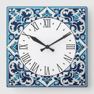 Horloge Carrée Portuguese blue tile square wall clock
