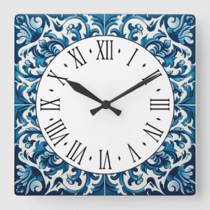 Horloge Carrée Portuguese blue tile square wall clock