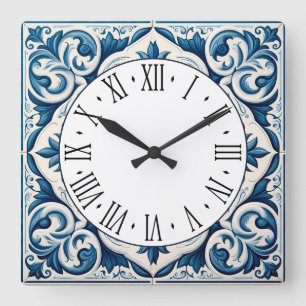 Horloge Carrée Portuguese blue tile square wall clock
