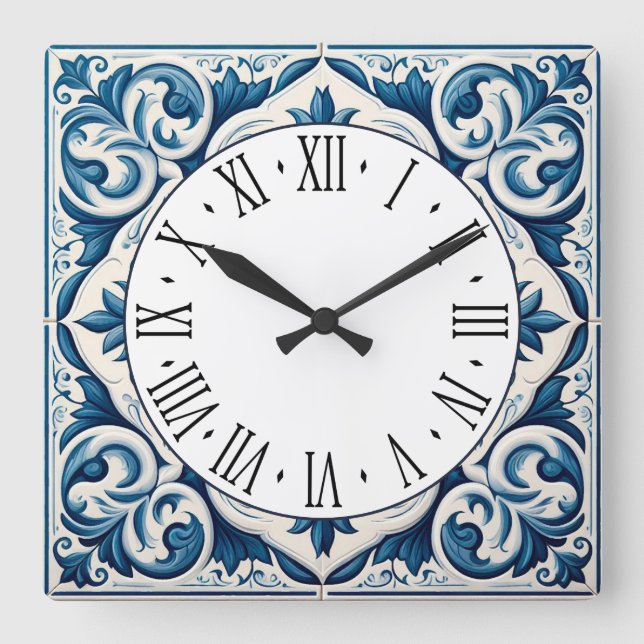 Horloge Carrée Portuguese blue tile square wall clock (Recto)