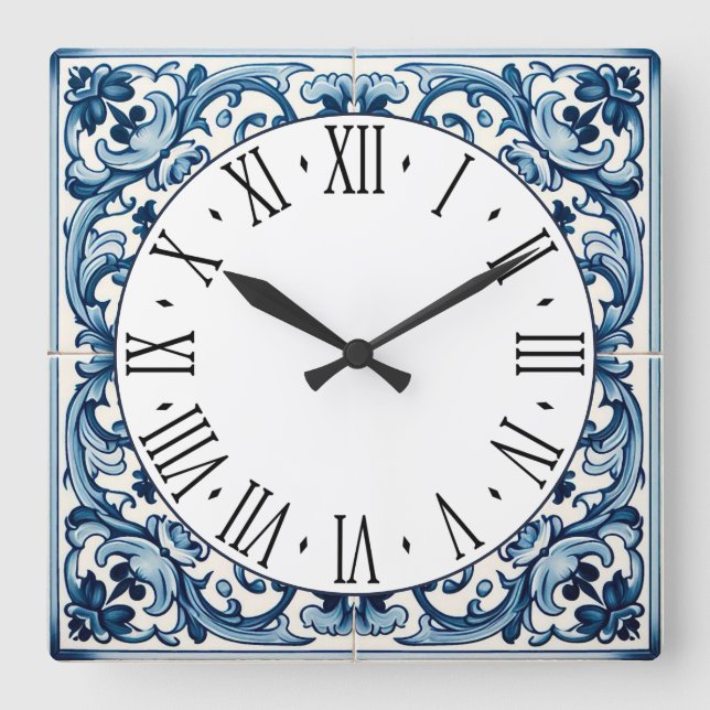 Horloge Carrée Portuguese blue tile square wall clock (Recto)