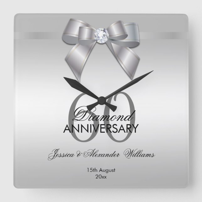 Horloge Carrée Posh Gem Bow & Ribbon 60e anniversaire de Mariage (Recto)