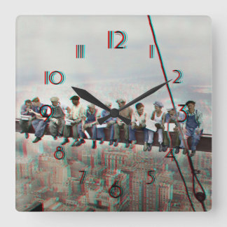 Horloge Carrée Poster Anaglyph 3D- Lunch atop Skyscraper New York