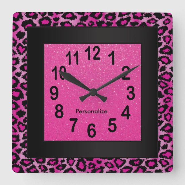 Horloge Carrée Poster de animal léopard avec rose chaud et noir (Recto)