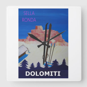 Horloge Carrée Poster rétro Dolomiti Italie à Sella Ronda