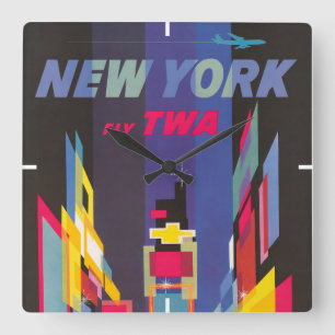 Horloge Carrée Poster Vintage voyage, Fly Twa, New York