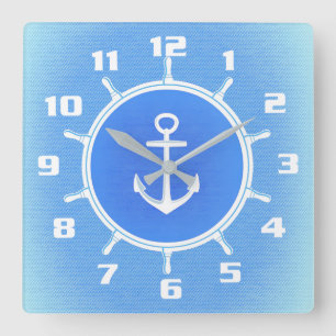 Horloge Carrée Poudre Ancrage et roue nautique bleu et blanc
