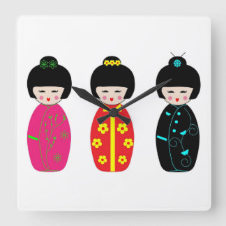 Horloge Carrée Poupées traditionnelles de geisha de Kokeshi de