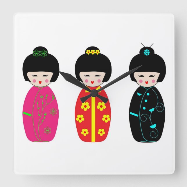 Horloge Carrée Poupées traditionnelles de geisha de Kokeshi de (Recto)