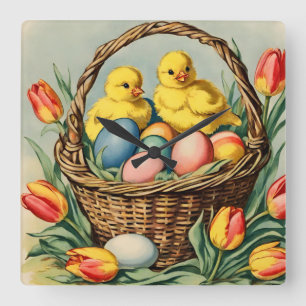 Horloge Carrée Poussins de Pâques vintages avec tulipes