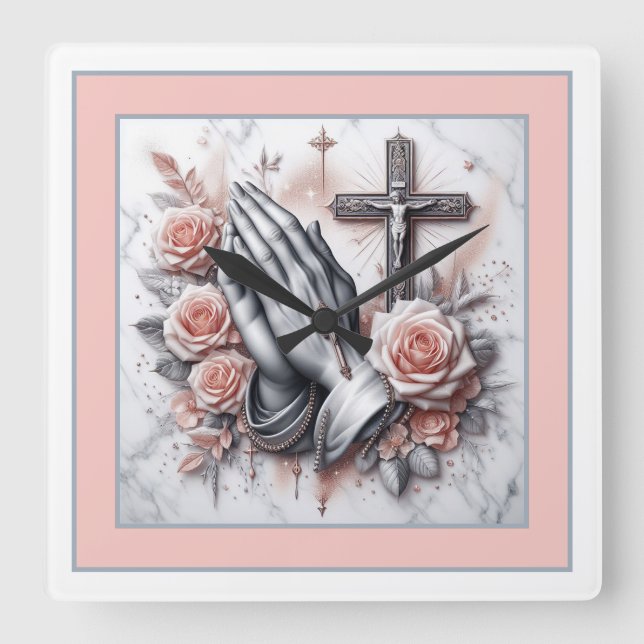 Horloge Carrée Praying Hands, Crucifix et Roses (Recto)