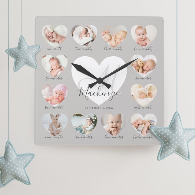 Horloge Carrée Première année de bébé Coeur photo Keepsaké Collag (Créateur téléchargé)