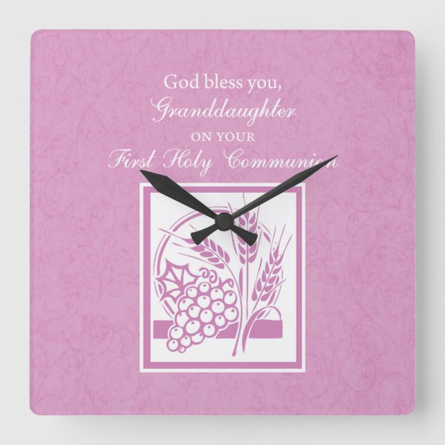 Horloge Carrée Première communion de la petite-fille, rose (Recto)