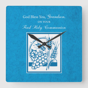 Horloge Carrée Première communion du petit-fils Bleu, Blé, Raisin