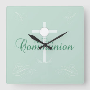 Horloge Carrée Première Communion sainte, Script en vert tendre
