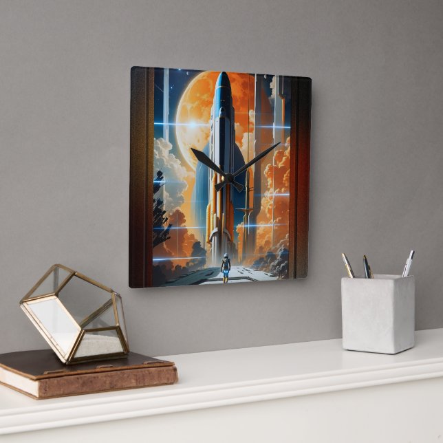 Horloge Carrée Prenez le décollage lunaire - Affiche rétro du voy (Bureau)