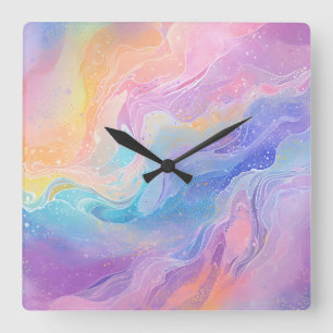 Horloge Carrée Pretty Pastel Aquarelle Rainbow Liquid Pour Art